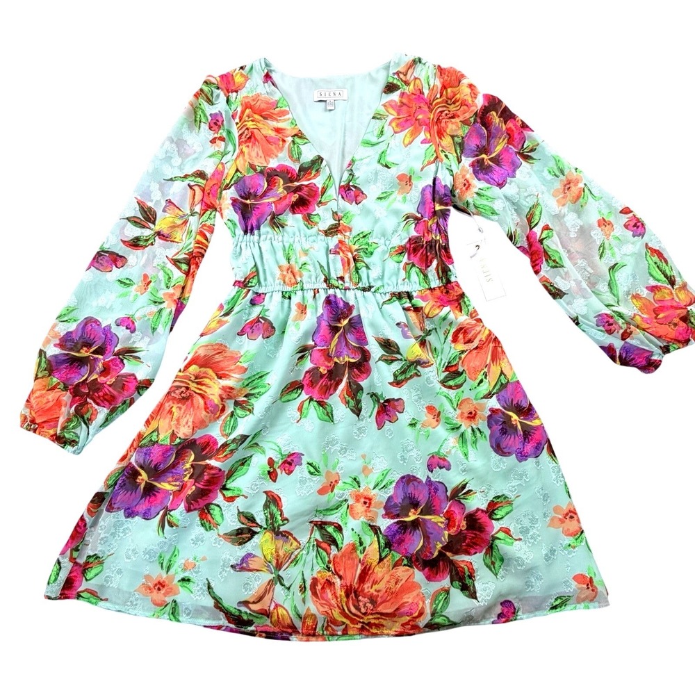 Siena Floral Mini Dress Mint V-Neck Long Sleeve Lined Size 8 NWT $148 Retail